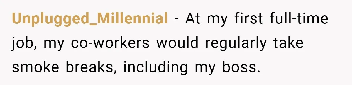 Unplugged_Millennial − At my first full-time job, my co-workers would regularly take smoke breaks, including my boss.