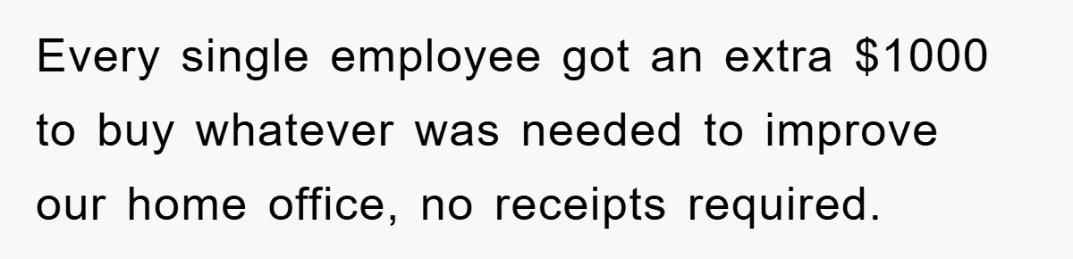 Supervisor Doesn’t Believe His Back Injury? He Sends Proof That Costs Her Her Job Every single employee got an extra $1000 to buy whatever was needed to improve our home office, no receipts required.