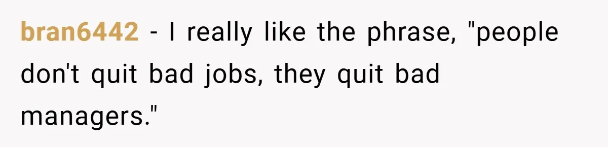 bran6442 − I really like the phrase, "people don't quit bad jobs, they quit bad managers."