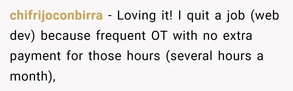 chifrijoconbirra − Loving it! I quit a job (web dev) because frequent OT with no extra payment for those hours (several hours a month),