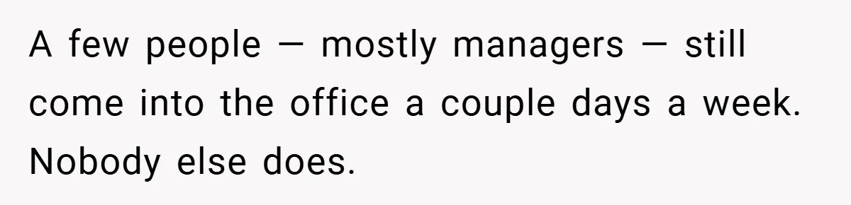 A few people — mostly managers — still come into the office a couple days a week. Nobody else does.
