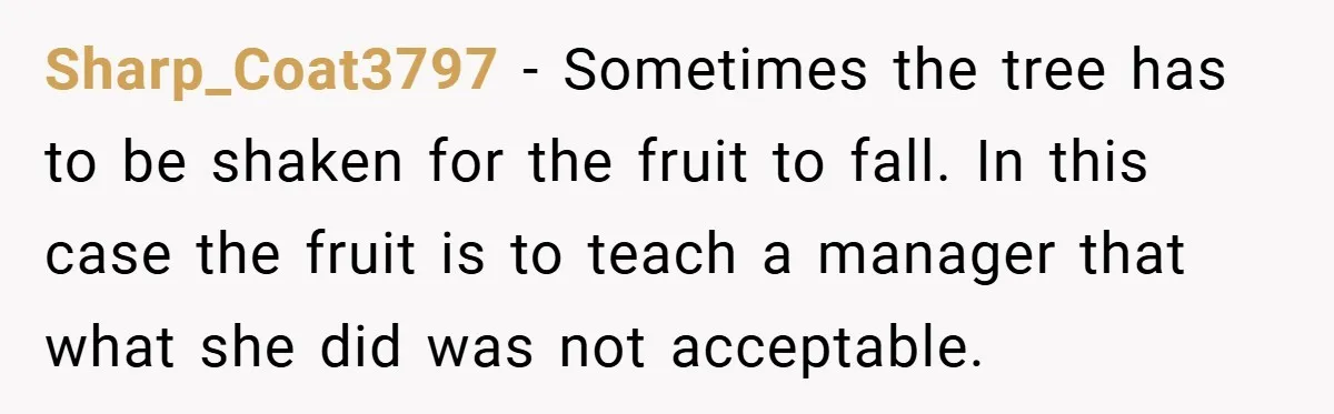 Sharp_Coat3797 − Sometimes the tree has to be shaken for the fruit to fall. In this case the fruit is to teach a manager that what she did was not...