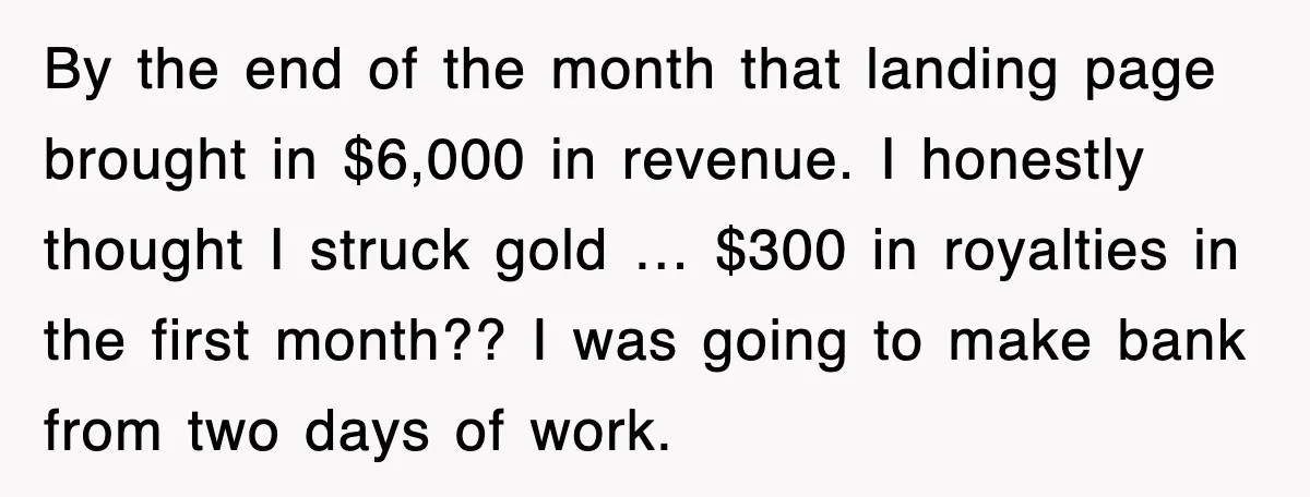 By the end of the month that landing page brought in $6,000 in revenue. I honestly thought I struck gold … $300 in royalties in the first month?? I was...