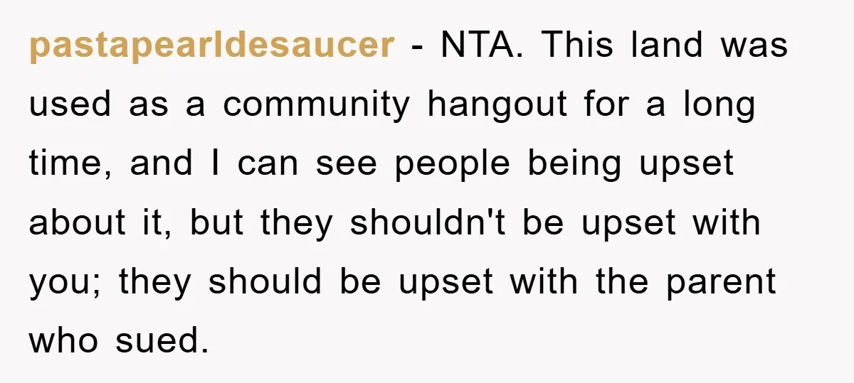 pastapearldesaucer − NTA. This land was used as a community hangout for a long time, and I can see people being upset about it, but they shouldn't be upset with...