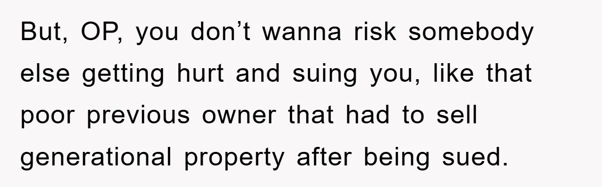 But, OP, you don’t wanna risk somebody else getting hurt and suing you, like that poor previous owner that had to sell generational property after being sued.