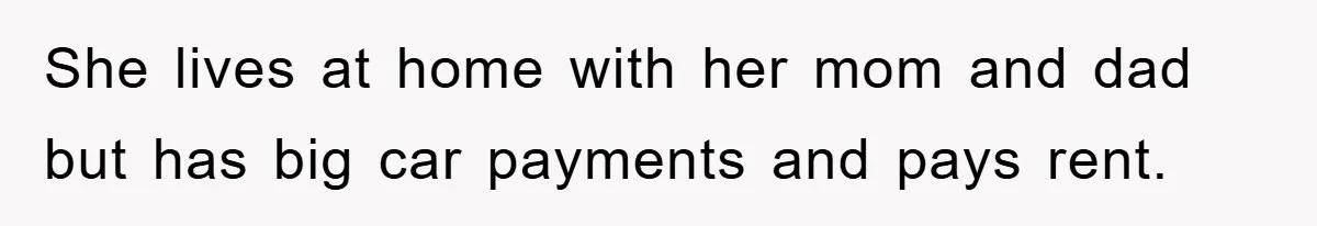 Young Man Treats Girlfriend Like Queen With Lavish Trip, One Day Snaps And Refuses To Pay Her Airport Substance Fine She lives at home with her mom and dad but has big car payments and pays rent.