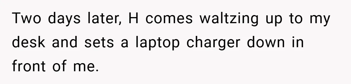 Two days later, H comes waltzing up to my desk and sets a laptop charger down in front of me.
