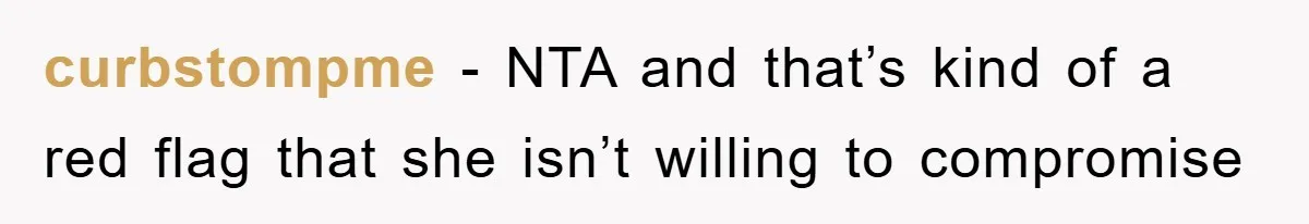 curbstompme − NTA and that’s kind of a red flag that she isn’t willing to compromise