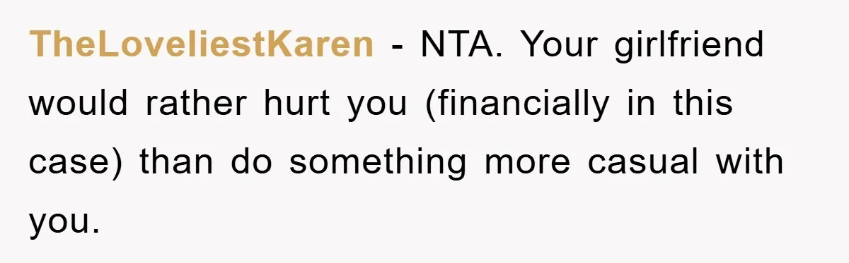 TheLoveliestKaren − NTA. Your girlfriend would rather hurt you (financially in this case) than do something more casual with you.