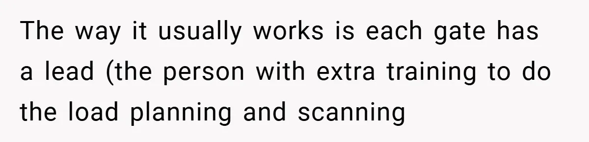 The way it usually works is each gate has a lead (the person with extra training to do the load planning and scanning