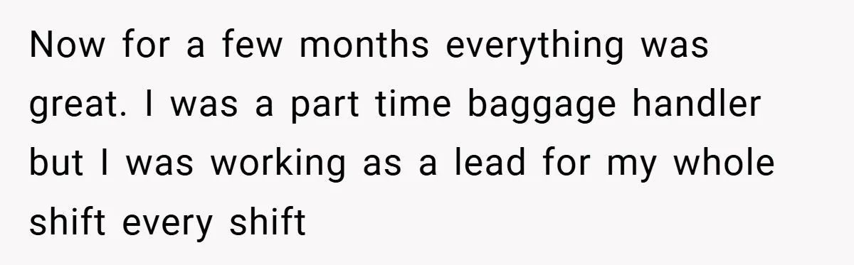 Now for a few months everything was great. I was a part time baggage handler but I was working as a lead for my whole shift every shift