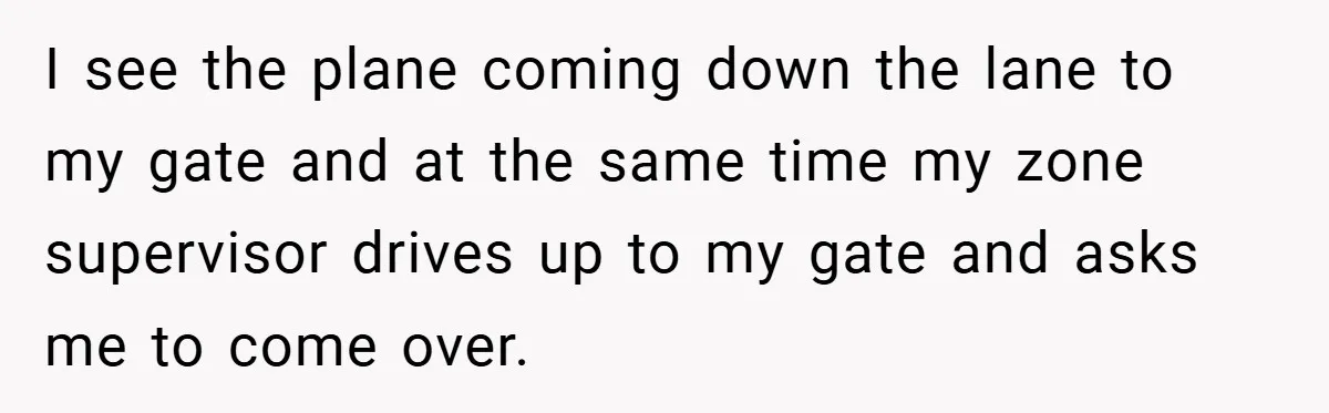 I see the plane coming down the lane to my gate and at the same time my zone supervisor drives up to my gate and asks me to come over.