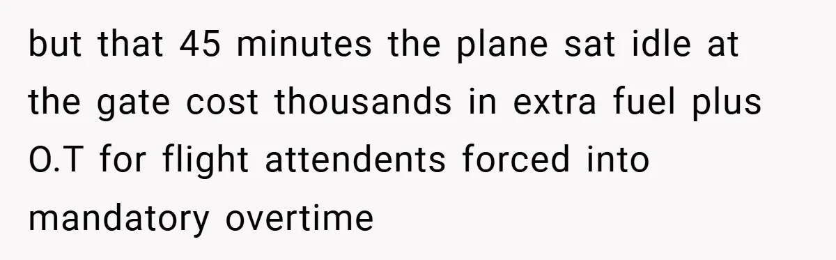 but that 45 minutes the plane sat idle at the gate cost thousands in extra fuel plus O.T for flight attendents forced into mandatory overtime