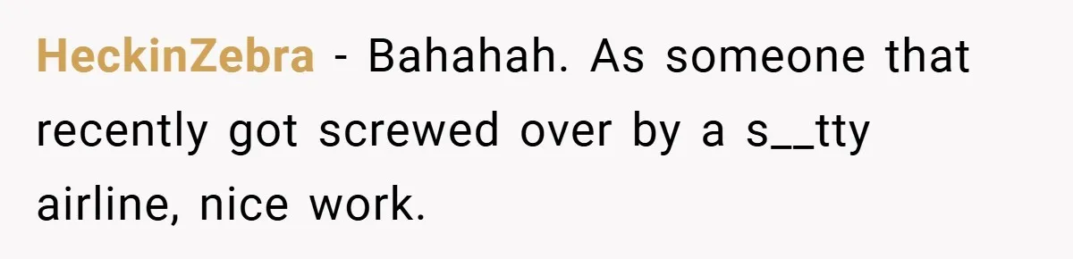 HeckinZebra − Bahahah. As someone that recently got screwed over by a s__tty airline, nice work.