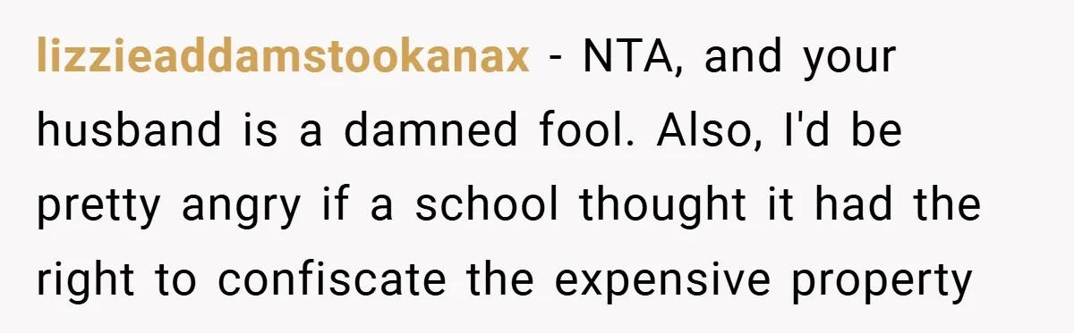 lizzieaddamstookanax − NTA, and your husband is a damned fool. Also, I'd be pretty angry if a school thought it had the right to confiscate the expensive property