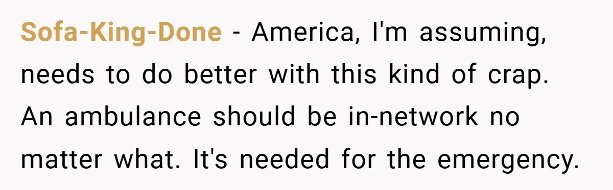 Sofa-King-Done − America, I'm assuming, needs to do better with this kind of crap. An ambulance should be in-network no matter what. It's needed for the emergency.