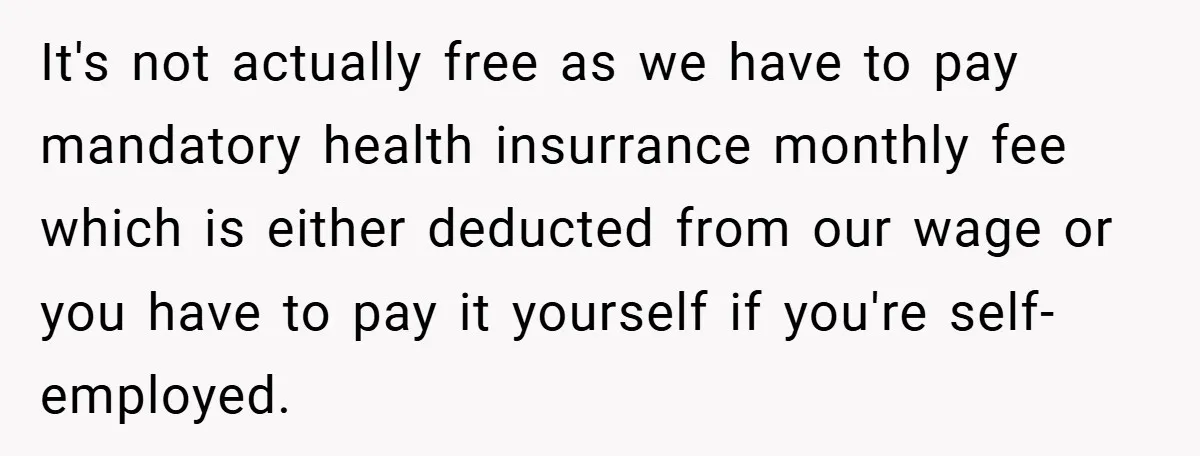 It's not actually free as we have to pay mandatory health insurrance monthly fee which is either deducted from our wage or you have to pay it yourself if you're...