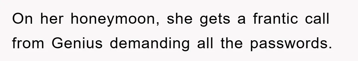 On her honeymoon, she gets a frantic call from Genius demanding all the passwords.
