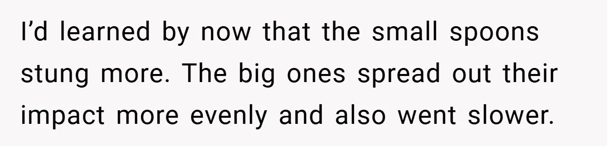 I’d learned by now that the small spoons stung more. The big ones spread out their impact more evenly and also went slower.