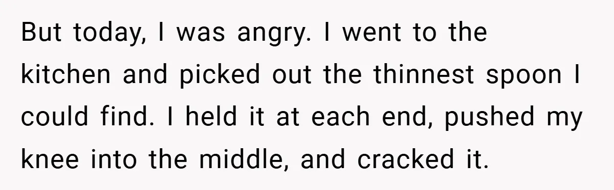 But today, I was angry. I went to the kitchen and picked out the thinnest spoon I could find. I held it at each end, pushed my knee into the...