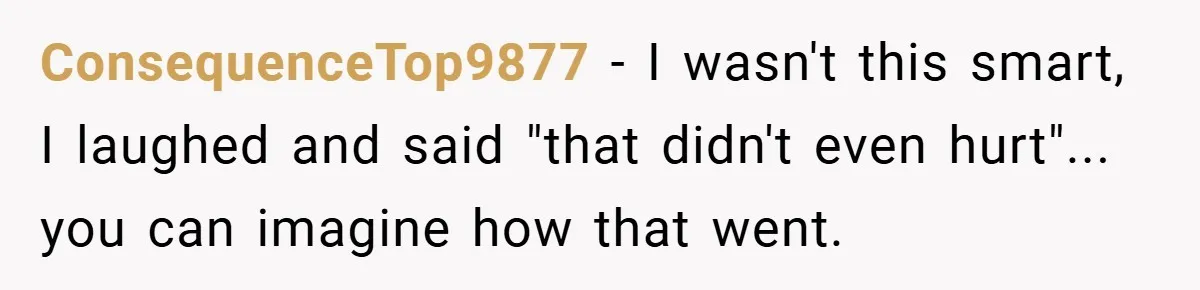 ConsequenceTop9877 − I wasn't this smart, I laughed and said "that didn't even hurt"... you can imagine how that went.