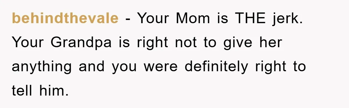 Teenager’s Phone Call Ends Mom’s Financial Lifeline From Grandpa behindthevale - Your Mom is THE jerk. Your Grandpa is right not to give her anything and you were definitely right to tell him.