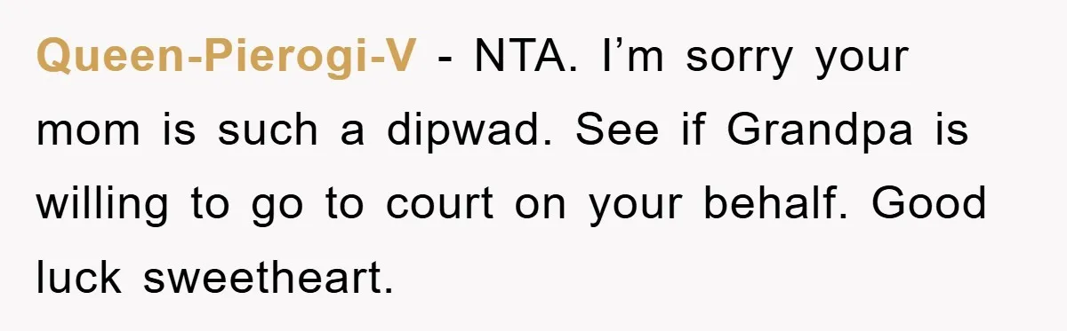 Teenager’s Phone Call Ends Mom’s Financial Lifeline From Grandpa Queen-Pierogi-V - NTA. I’m sorry your mom is such a dipwad. See if Grandpa is willing to go to court on your behalf. Good luck sweetheart.