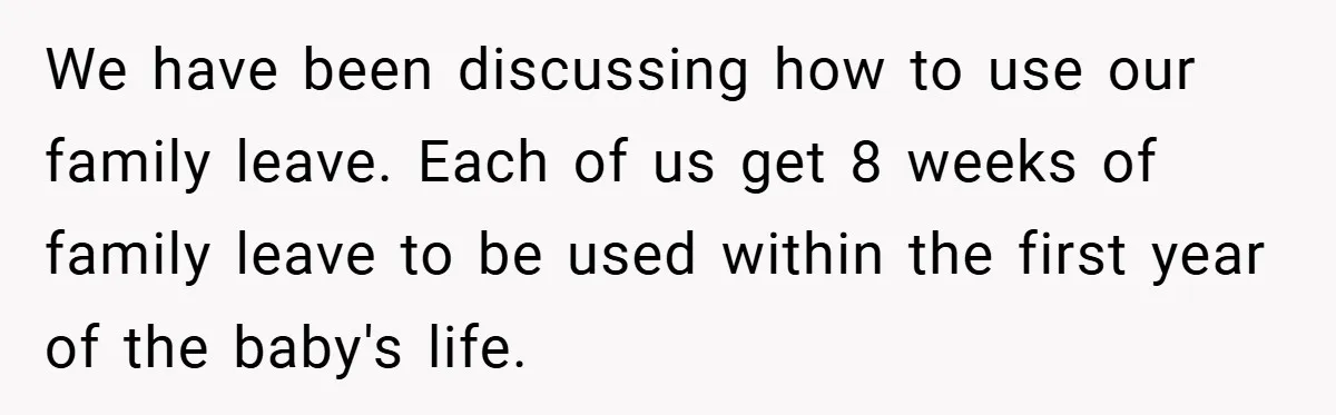 A Man Tried to Use His Paternity Leave for a Vacation Instead of Staying With His Newborn We have been discussing how to use our family leave. Each of us get 8 weeks of family leave to be used within the first year of the baby's life.