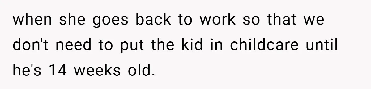 A Man Tried to Use His Paternity Leave for a Vacation Instead of Staying With His Newborn when she goes back to work so that we don't need to put the kid in childcare until he's 14 weeks old.