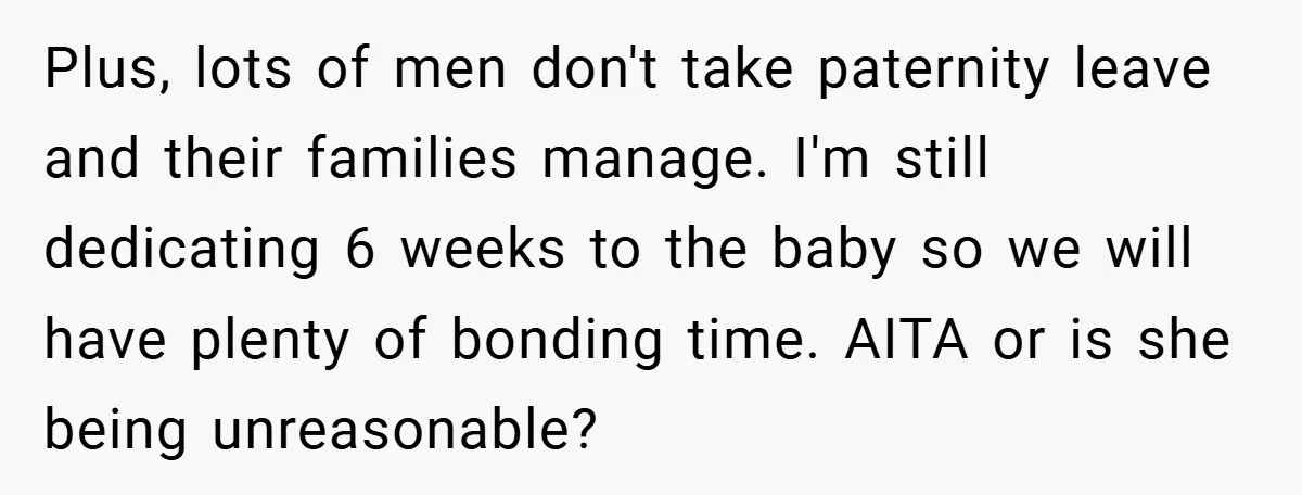 A Man Tried to Use His Paternity Leave for a Vacation Instead of Staying With His Newborn Plus, lots of men don't take paternity leave and their families manage. I'm still dedicating 6 weeks to the baby so we will have plenty of bonding time. AITA or...