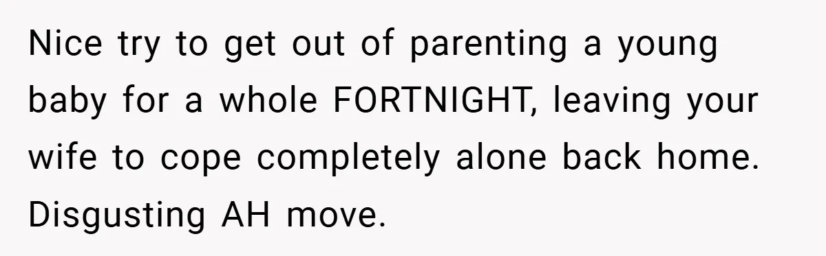 A Man Tried to Use His Paternity Leave for a Vacation Instead of Staying With His Newborn Nice try to get out of parenting a young baby for a whole FORTNIGHT, leaving your wife to cope completely alone back home. Disgusting AH move.