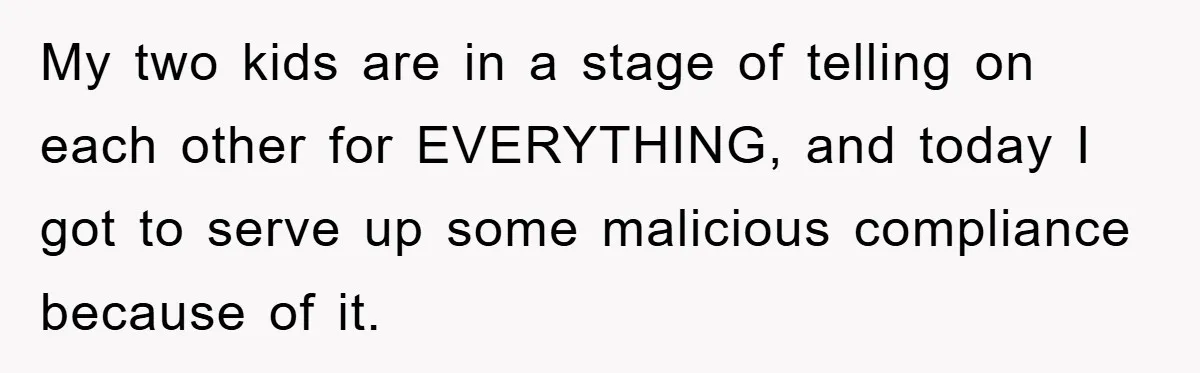 My two kids are in a stage of telling on each other for EVERYTHING, and today I got to serve up some malicious compliance because of it.