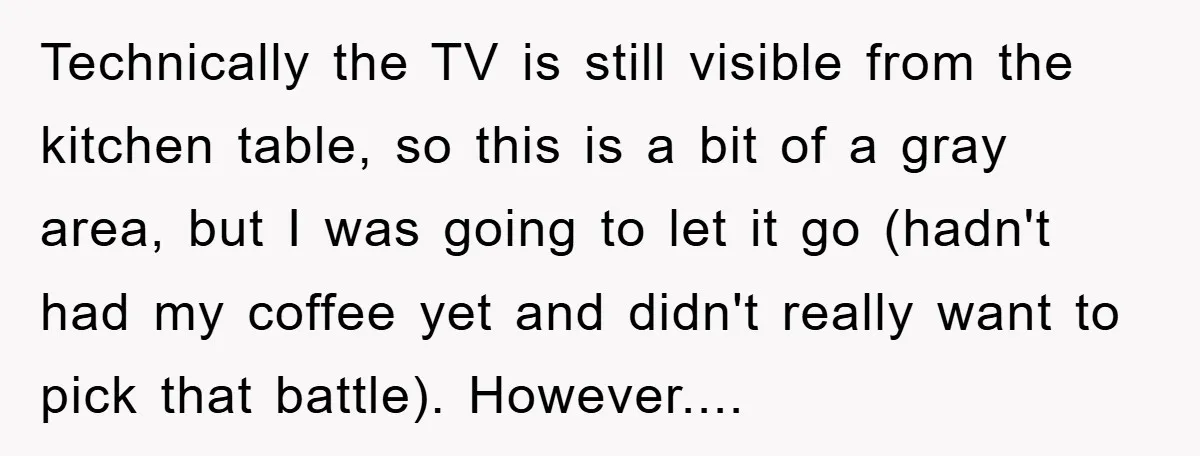 Technically the TV is still visible from the kitchen table, so this is a bit of a gray area, but I was going to let it go (hadn't had my...