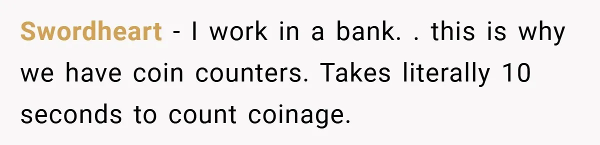 Swordheart − I work in a bank. . this is why we have coin counters. Takes literally 10 seconds to count coinage.