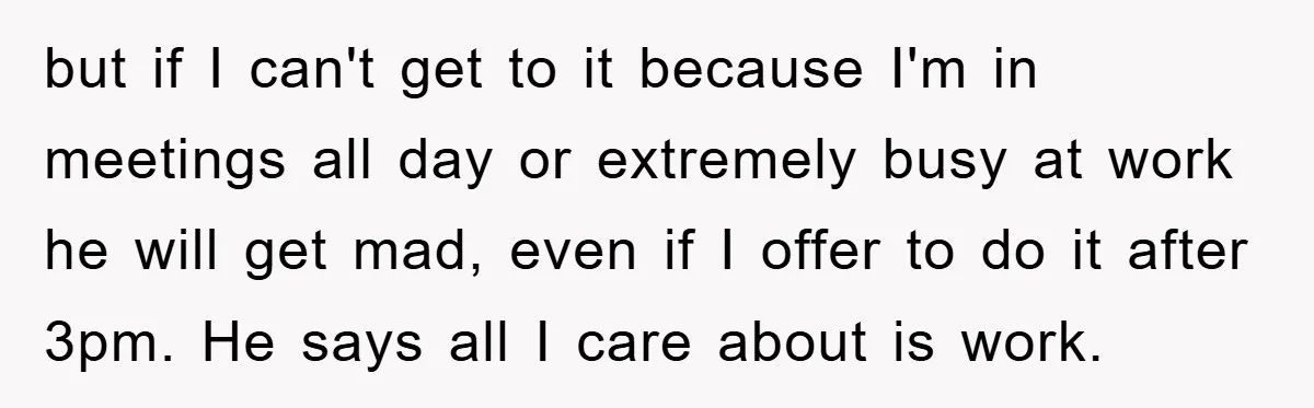 but if I can't get to it because I'm in meetings all day or extremely busy at work he will get mad, even if I offer to do it after...