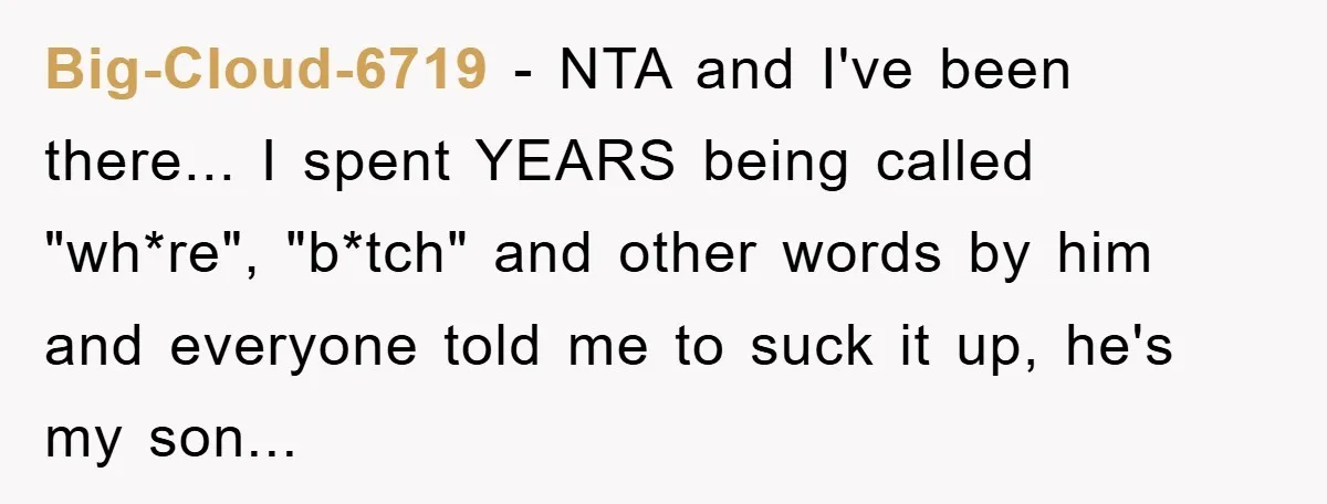 Big-Cloud-6719 - NTA and I've been there... I spent YEARS being called "wh*re", "b*tch" and other words by him and everyone told me to suck it up, he's my son...