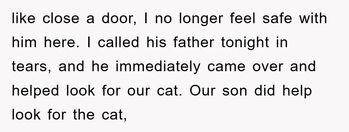 like close a door, I no longer feel safe with him here. I called his father tonight in tears, and he immediately came over and helped look for our cat....