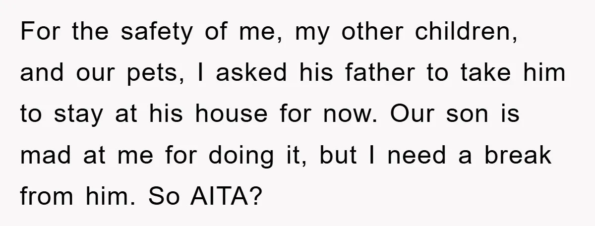 For the safety of me, my other children, and our pets, I asked his father to take him to stay at his house for now. Our son is mad at...