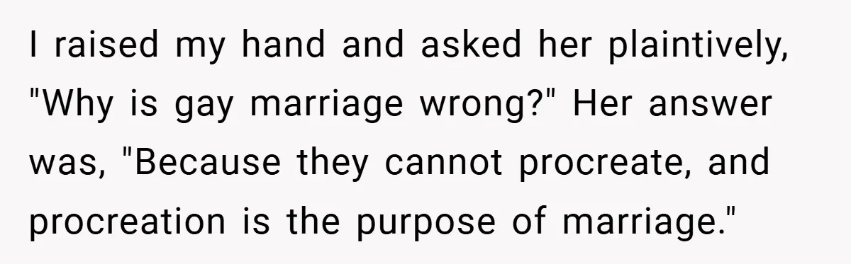 I raised my hand and asked her plaintively, "Why is gay marriage wrong?" Her answer was, "Because they cannot procreate, and procreation is the purpose of marriage."