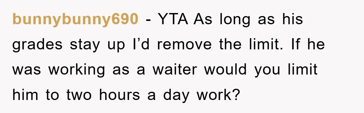 bunnybunny690 − YTA As long as his grades stay up I’d remove the limit. If he was working as a waiter would you limit him to two hours a day...
