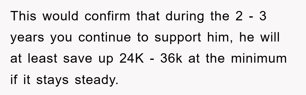 This would confirm that during the 2 - 3 years you continue to support him, he will at least save up 24K - 36k at the minimum if it stays...