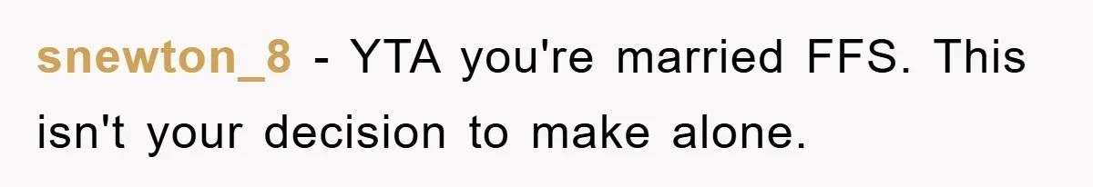 snewton_8 - YTA you're married FFS. This isn't your decision to make alone.