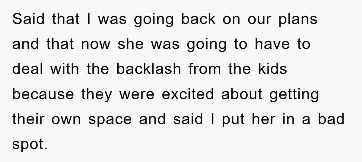 Said that I was going back on our plans and that now she was going to have to deal with the backlash from the kids because they were excited about...