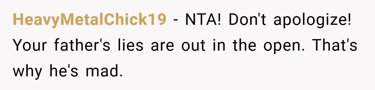HeavyMetalChick19 − NTA! Don't apologize! Your father's lies are out in the open. That's why he's mad.