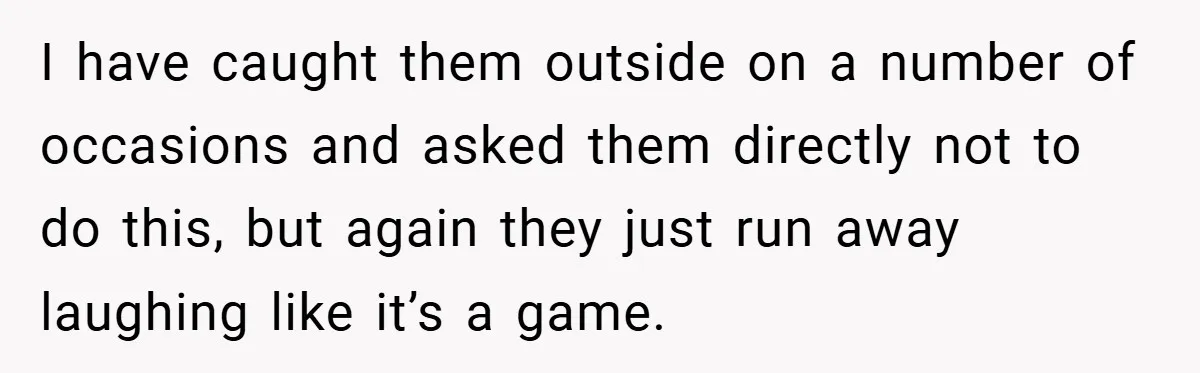 I have caught them outside on a number of occasions and asked them directly not to do this, but again they just run away laughing like it’s a game.