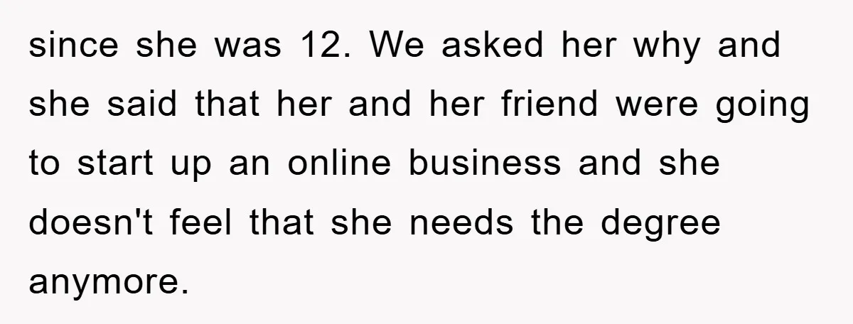 since she was 12. We asked her why and she said that her and her friend were going to start up an online business and she doesn't feel that she...