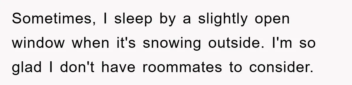 Sometimes, I sleep by a slightly open window when it's snowing outside. I'm so glad I don't have roommates to consider.
