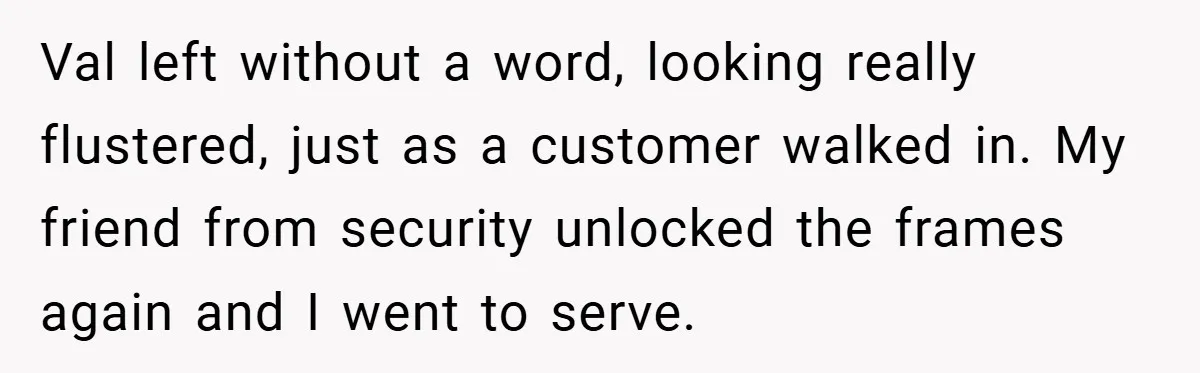 Val left without a word, looking really flustered, just as a customer walked in. My friend from security unlocked the frames again and I went to serve.