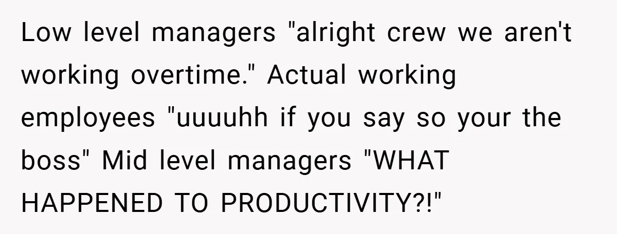 Low level managers "alright crew we aren't working overtime." Actual working employees "uuuuhh if you say so your the boss" Mid level managers "WHAT HAPPENED TO PRODUCTIVITY?!"