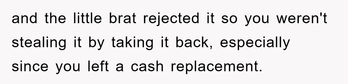 and the little brat rejected it so you weren't stealing it by taking it back, especially since you left a cash replacement.
